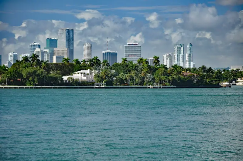 Downtown Miami skyline across the blue water of Biscayne Bay