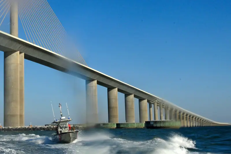 The Sunshine Skyway Bridge's cable-stayed span over Tampa Bay on a clear day