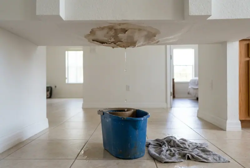 Water-stained, sagging ceiling dripping into a bucket on a tile floor