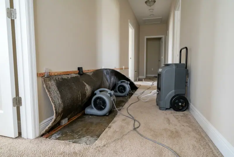 Wet hallway carpet pulled back and propped up, with drying fans and a dehumidifier