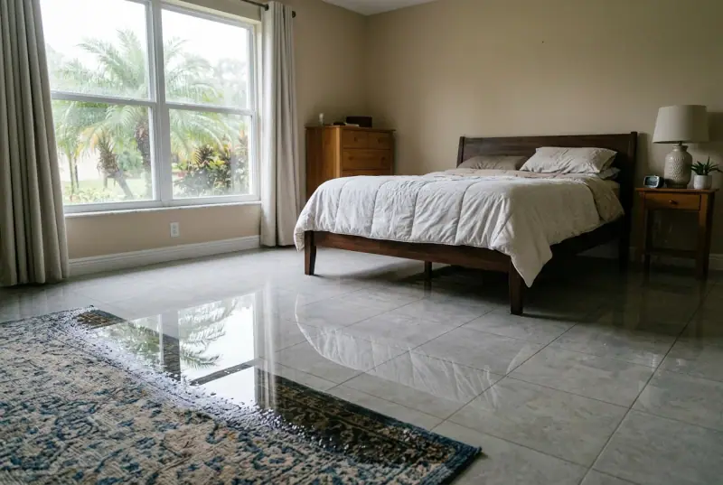 Bedroom with standing water on the tile floor and a soaked rug