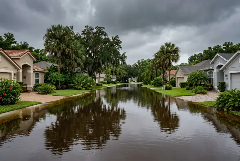 Florida neighborhood street covered in standing floodwater after heavy rain