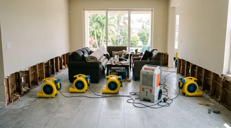 Air movers and a dehumidifier drying a Florida living room with the lower drywall cut away
