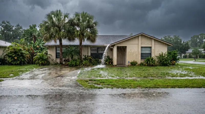 Florida home in a heavy downpour, water pouring off the roof and pooling on the lawn