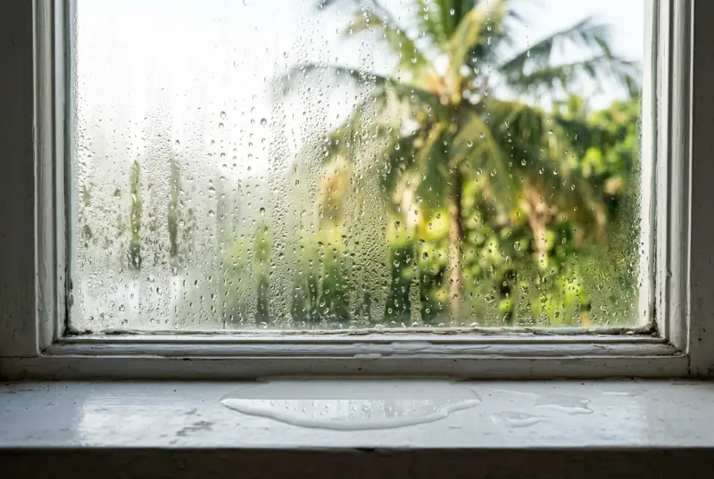 Condensation on the inside of a window with water collecting on the sill