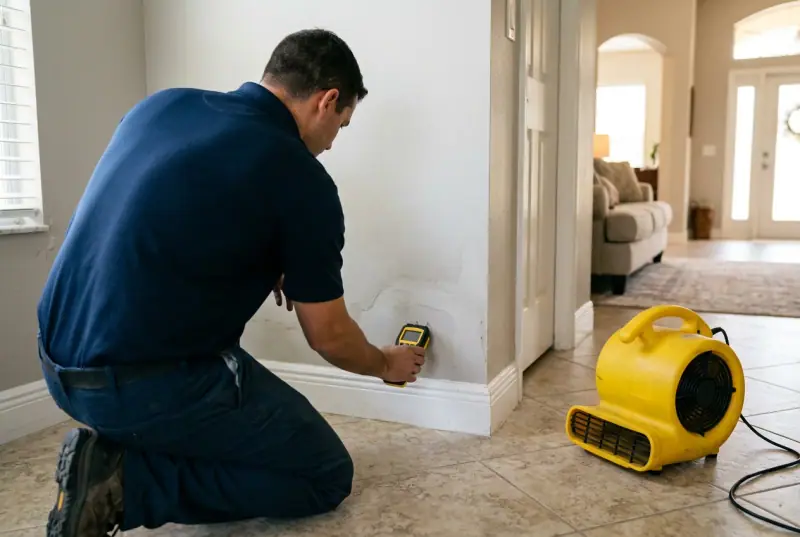 Technician checking a wall with a moisture meter beside a drying fan