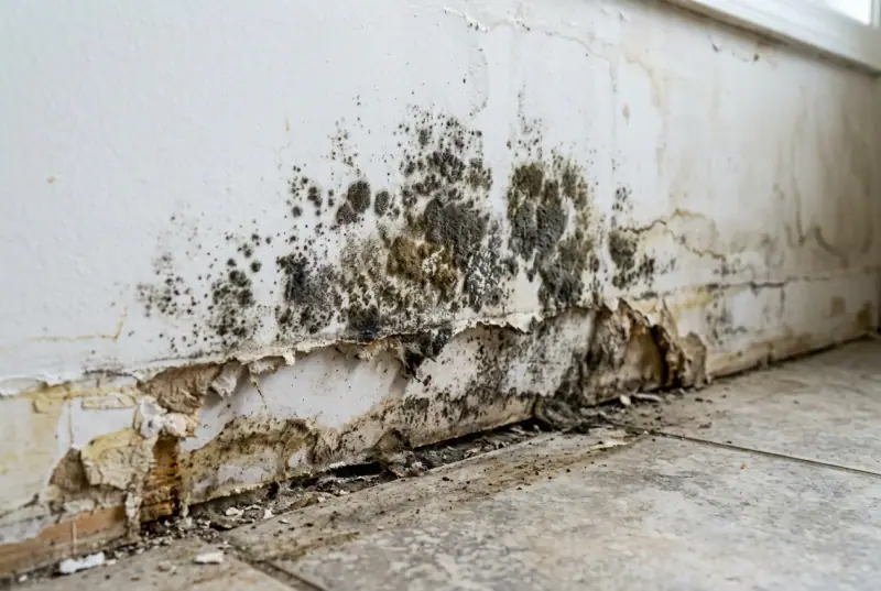 Mold spots on the bottom of a water-damaged drywall wall above a tile floor