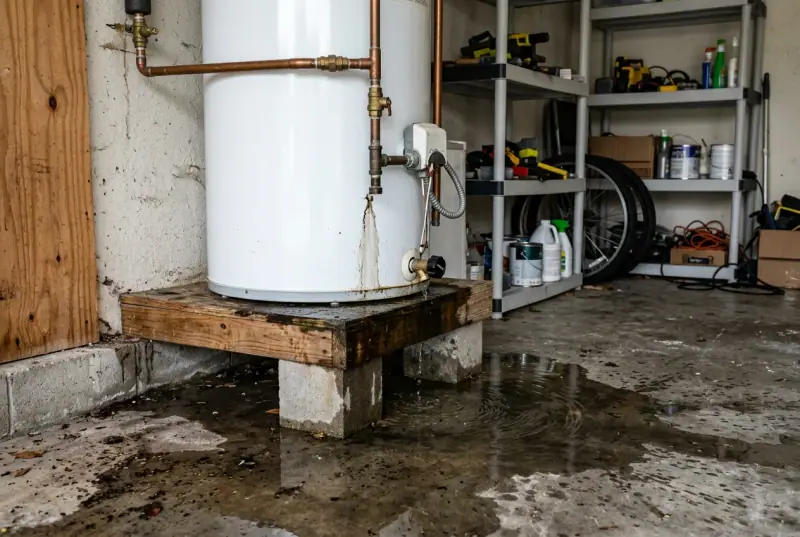 Tank water heater in a garage with water pooling on the floor around it